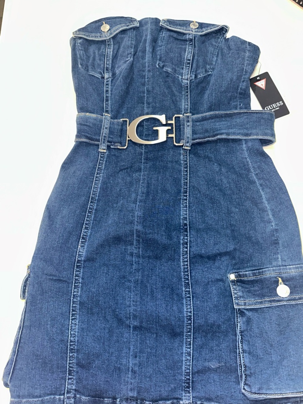 GUESS Dark Blue Denim Strapless Dress with G-Buckle Belt